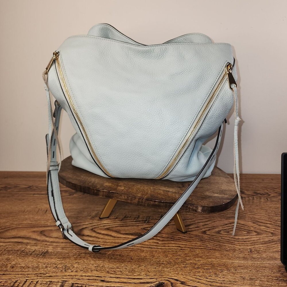 Light Blue Leather Zippered XL Moto Shoulder Crossbody Bag by Rebecca Minkoff